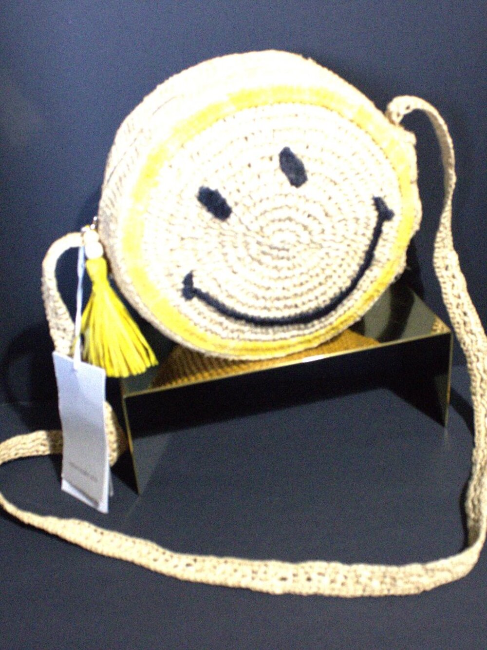 Vanesssa Bruno, Smiley Face Crossbody, Raffia/Straw. Yellow Trim and Tassel. NWT